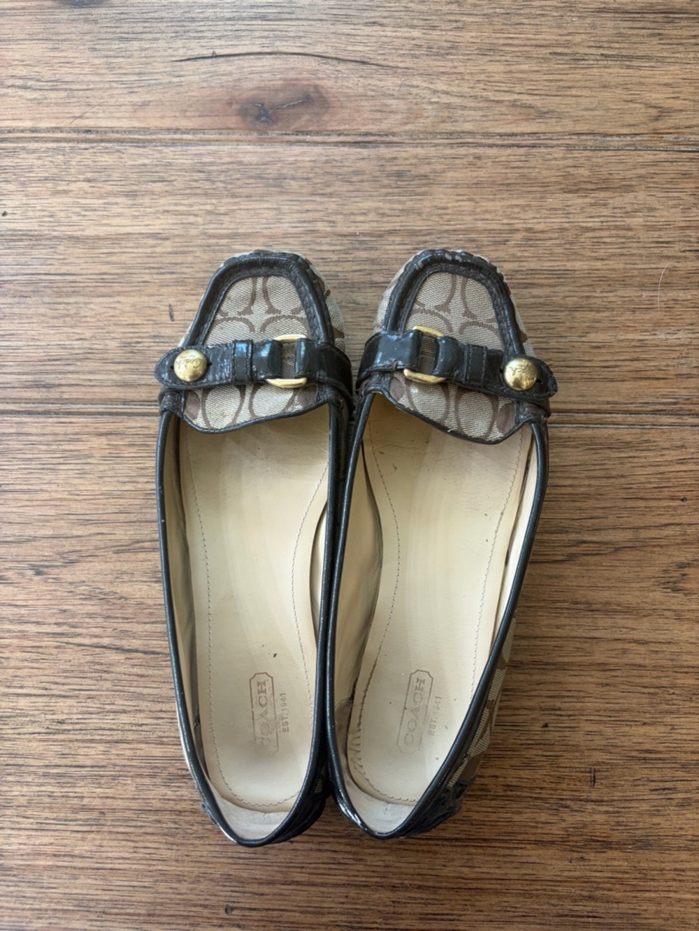 Coach Brown Signature Canvas & Dark Brown Leather Ballet Flats with Gold Buckles